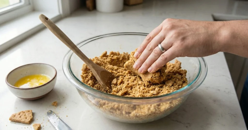 crushed graham crackers mixed with melted butter in a glass mixing bowl.