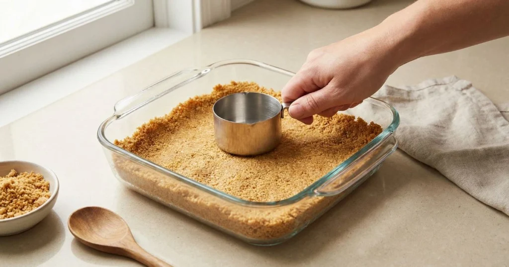 a graham cracker crust being pressed evenly into the bottom of a square glass baking dish. Show the back of a spoon or the bottom of a glass pressing the crumb mixture flat.
