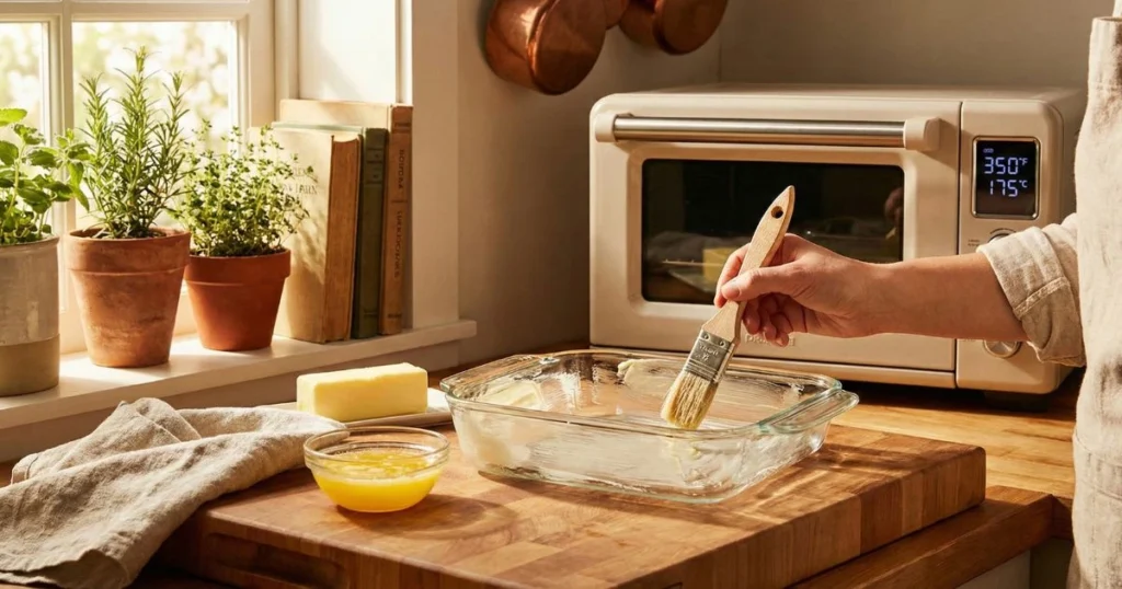 A cozy kitchen scene with an oven set to 350°F (175°C). A ceramic or glass baking dish is being lightly buttered with a pastry brush on a wooden countertop.