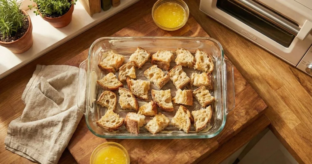 cut bread pieces scattered evenly in a buttered baking dish.