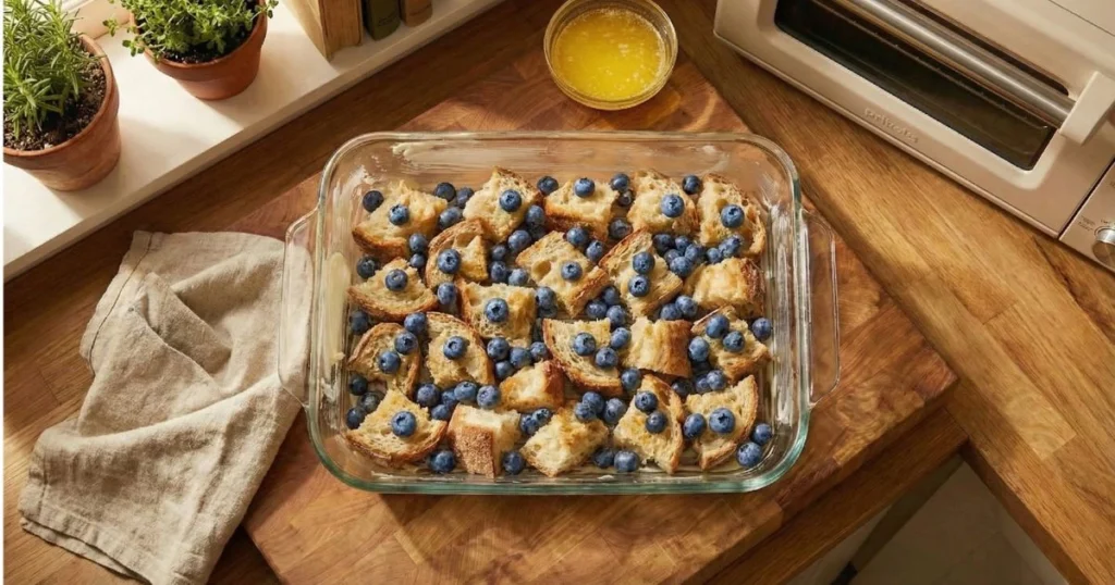 frozen blueberries sprinkled evenly over bread pieces in a baking dish. Blueberries nestled between bread chunks