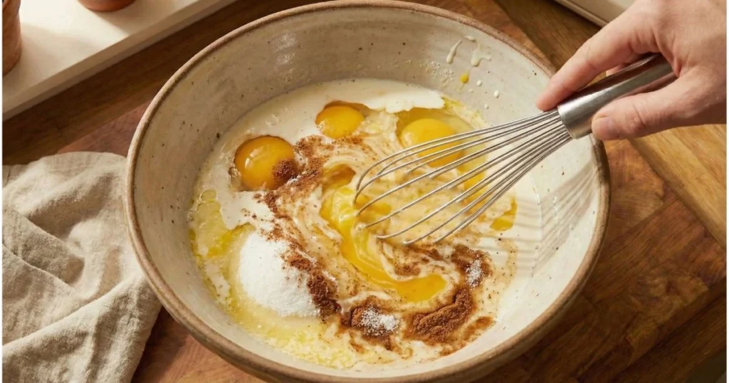A mixing bowl with eggs, milk or cream, sugar, melted butter, vanilla, cinnamon, and salt being whisked together.