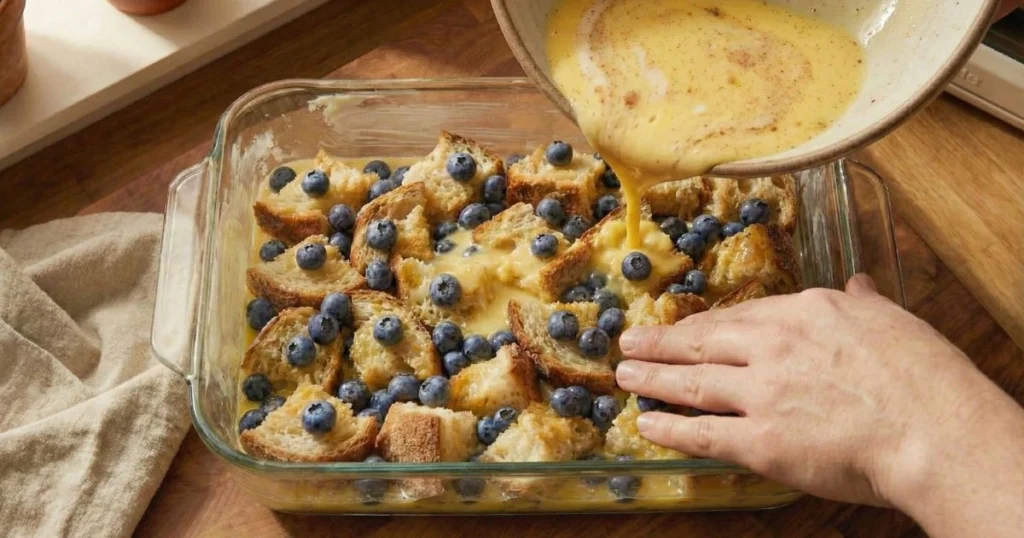 Custard mixture being slowly poured from a bowl over bread and blueberries in the baking dish. Hands gently pressing the bread.