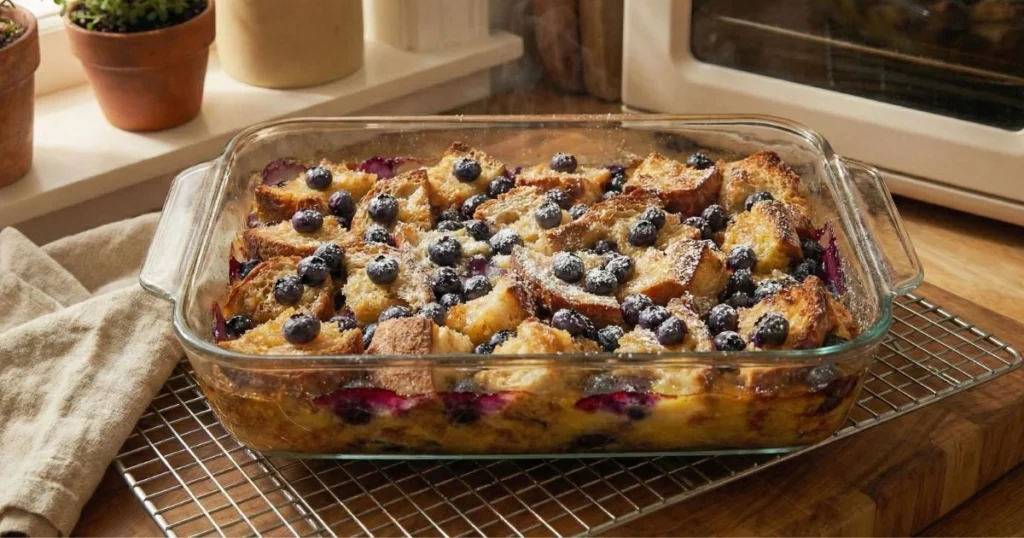A baked blueberry bread pudding fresh from the oven, golden brown on top with visible blueberries. The dish sits on a cooling rack
