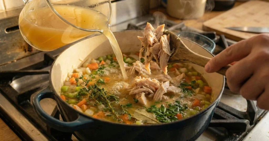 Close-up of chicken stock being poured into a pot filled with sautéed vegetables, followed by shredded chicken being added, gentle simmer visible, herbs floating in the broth.