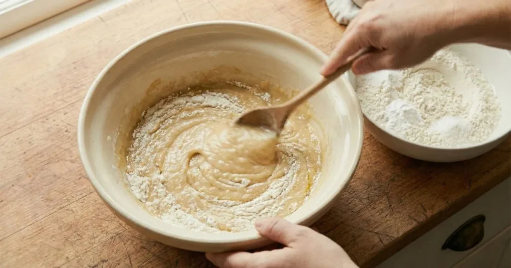 hands using a wooden spoon to GENTLY fold the white flour mixture into the golden banana batter in the large cream ceramic bowl. The batter shows visible streaks of flour not yet fully incorporated. The medium bowl with remaining flour mixture sits nearby. Motion blur on the stirring hand showing gentle movement.