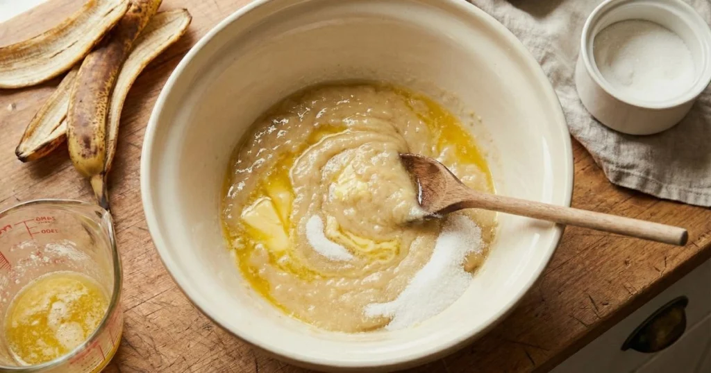 large cream ceramic bowl contains smooth mashed banana puree with melted golden butter and white granulated sugar being stirred together with a wooden spoon. The mixture shows swirls and the sugar appears slightly grainy mixed into the banana-butter mixture (showing this is normal). A glass measuring cup with residual butter and small empty sugar bowl visible at edge of frame.
