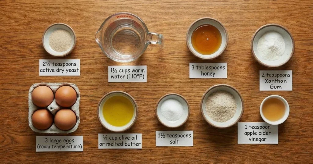 2¼ teaspoons (1 packet) active dry yeast 1½ cups warm water (110°F/43°C) 3 tablespoons honey or sugar 3 large eggs (room temperature) ¼ cup olive oil or melted butter 1½ teaspoons salt 1 teaspoon apple cider vinegar