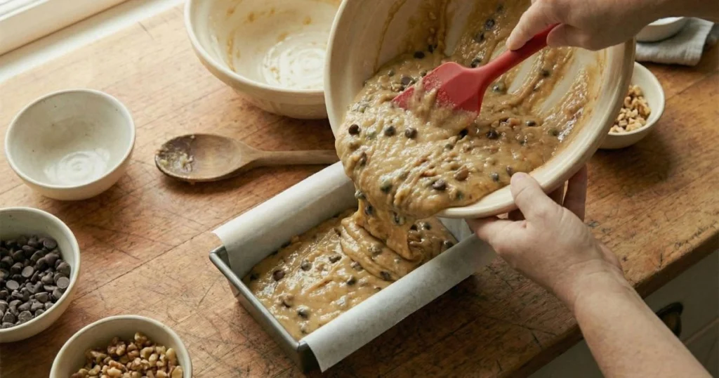 female hands tilting the large cream-colored ceramic mixing bowl to pour the last of the thick, golden-brown banana bread batter into the parchment-lined 9x5-inch loaf pan. A red silicone spatula is being used to scrape every bit of batter from the bowl and smooth the top level in the pan. The batter shows a beautiful thick, glossy texture. The empty mixing bowl, wooden spoon, and small prep bowls from previous steps are visible in background.