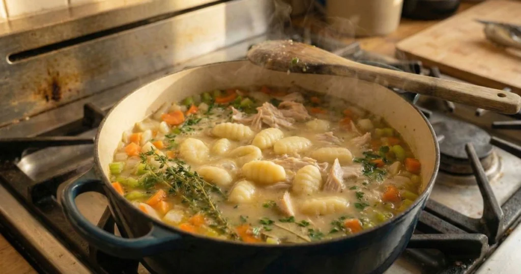 Pot of soup at a gentle simmer with potato gnocchi just added, some gnocchi floating to the surface, steam rising, spoon resting on the edge of the pot.