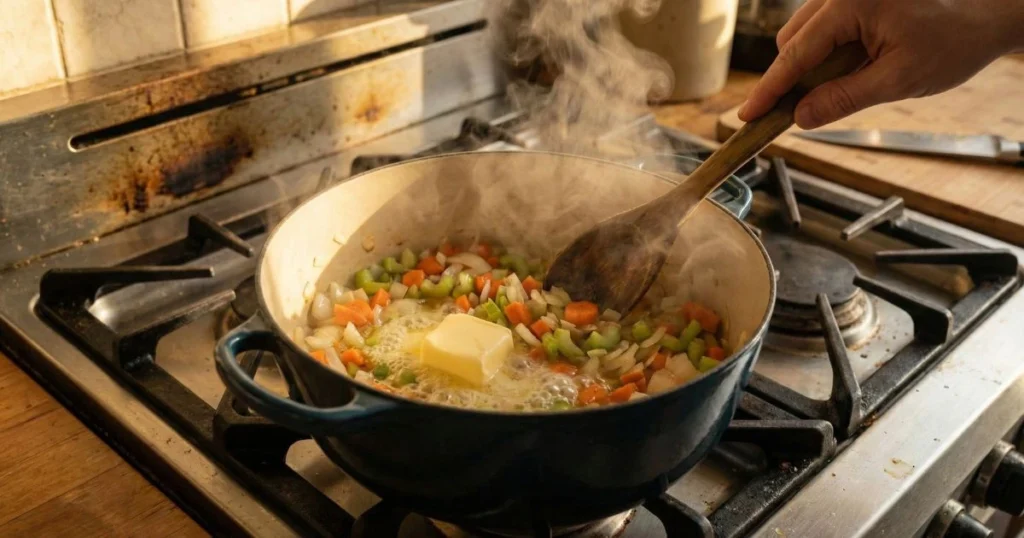 Medium shot of a large soup pot on a stovetop with butter melting, chopped onion, carrots, and celery sautéing, steam rising, wooden spoon stirring