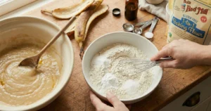showing TWO bowls: the large cream ceramic bowl with wet banana mixture pushed to the left side, and a medium white ceramic bowl in the center-right containing gluten-free flour, baking soda, baking powder, and salt being whisked together with a wire whisk. Small measuring spoons and a bag of gluten-free flour visible in background.