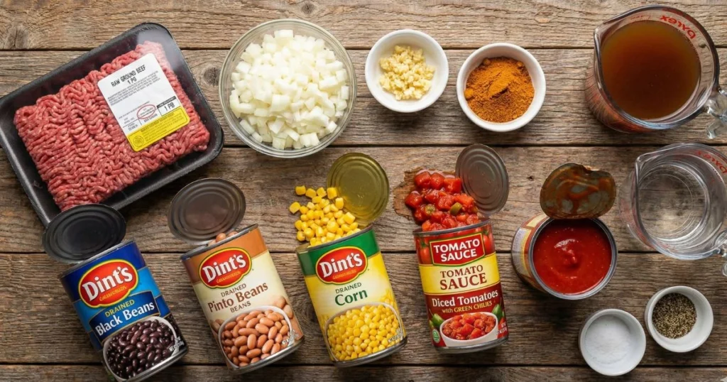 1 pound ground beef, or substitute ground turkey for a lighter option 1 medium onion, diced (yellow or white) 2 cloves garlic, minced 1 (1-ounce) packet taco seasoning, or about 2 tablespoons if using homemade 1 (15-ounce) can black beans, rinsed and drained 1 (15-ounce) can pinto beans, rinsed and drained 1 (15-ounce) can corn, drained, or about 1½ cups frozen corn 1 can (14.5 oz) diced tomatoes with green chilies (Ro*Tel brand works perfectly) 1 can (15 oz) tomato sauce 2 cups beef broth (or chicken broth) 1 cup water Salt and pepper to taste