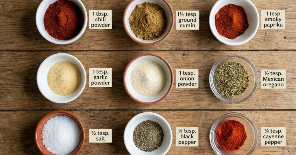 1 tablespoon chili powder 1½ teaspoons ground cumin 1 teaspoon paprika (smoked paprika adds depth) 1 teaspoon garlic powder 1 teaspoon onion powder ½ teaspoon dried oregano (Mexican oregano is ideal) ½ teaspoon salt (adjust to your preference) ¼ teaspoon black pepper ¼ teaspoon cayenne pepper (optional, for heat)