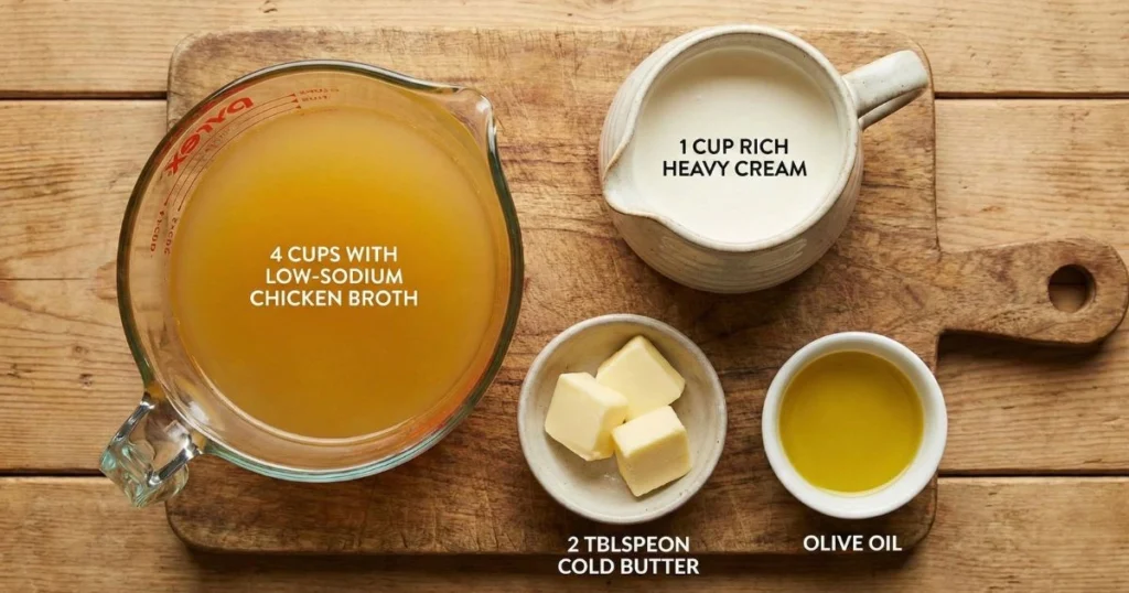 4 cups low-sodium chicken broth 1 cup heavy cream or half-and-half 2 tablespoons butter or olive oil