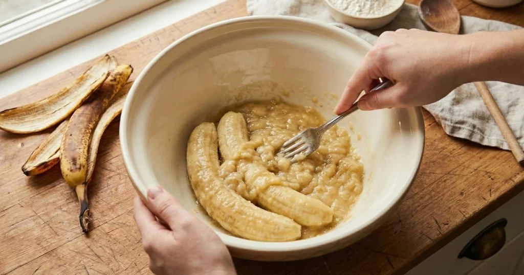 female hands using a silver fork to mash three very ripe brown-spotted bananas without thier outer peel in a large cream-colored ceramic mixing bowl. The bananas are partially mashed showing smooth puree with a few small lumps remaining. Empty banana peels pushed to the side of the bowl.