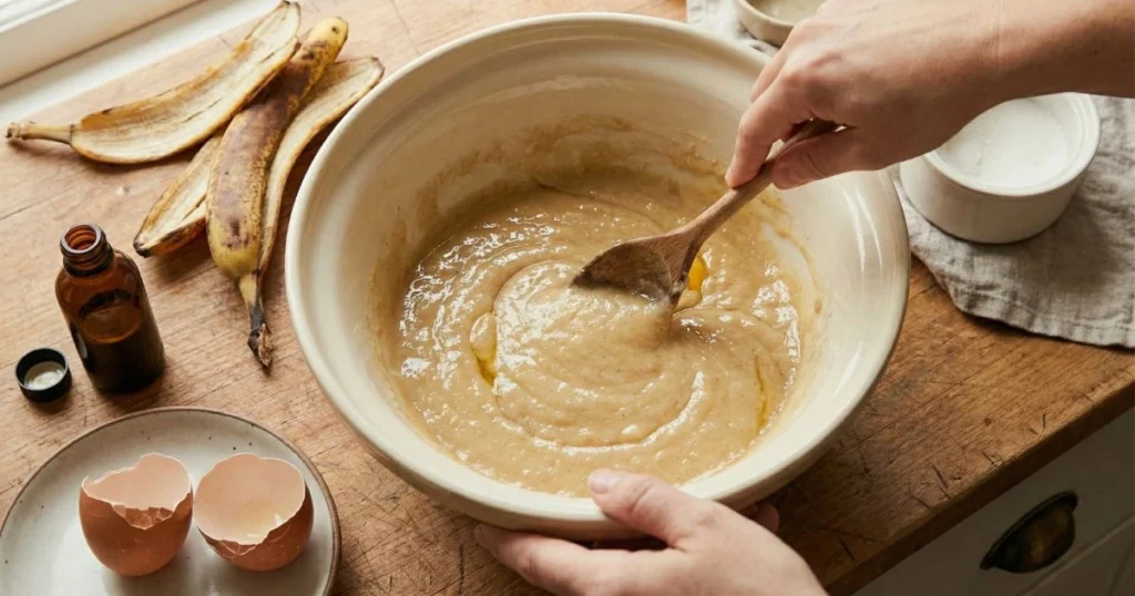 hands stirring the banana mixture in the cream ceramic bowl with a wooden spoon, the mixture now glossier and more cohesive with eggs incorporated. Two empty cracked eggshells on a small plate beside the bowl and a small vanilla extract bottle nearby. The batter is becoming smoother and more uniform in color.