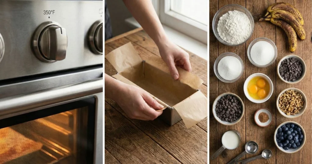 Three-panel horizontal composition on the same rustic wooden kitchen counter: LEFT PANEL - oven dial at 350°F with warm glow visible through oven window; CENTER PANEL - hands lining loaf pan with parchment paper creating overhanging handles; RIGHT PANEL - overhead view of all measured ingredients in glass bowls arranged neatly around three ripe bananas. Consistent natural window lighting throughout all three panels, cohesive warm color palette, professional baking tutorial photography, organized and inspiring aesthetic.