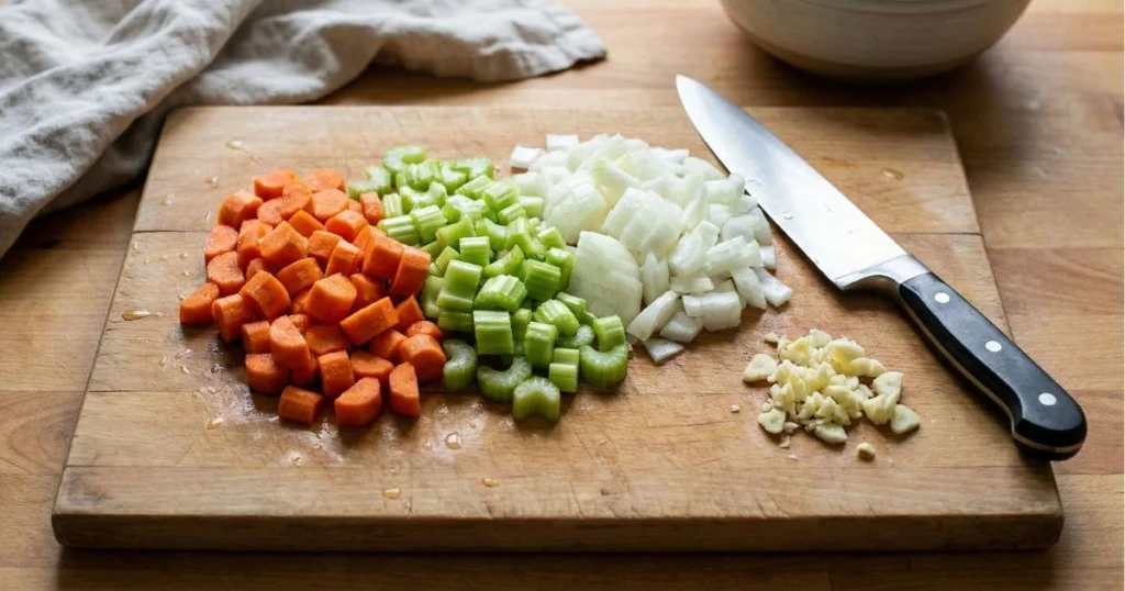 Overhead kitchen scene showing freshly washed carrots, celery, onion, and garlic on a wooden cutting board, neatly diced and minced, sharp chef’s knife nearby
