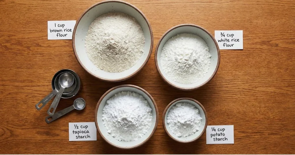 1 cup brown rice flour ¾ cup white rice flour ½ cup tapioca starch ¼ cup potato starch, 