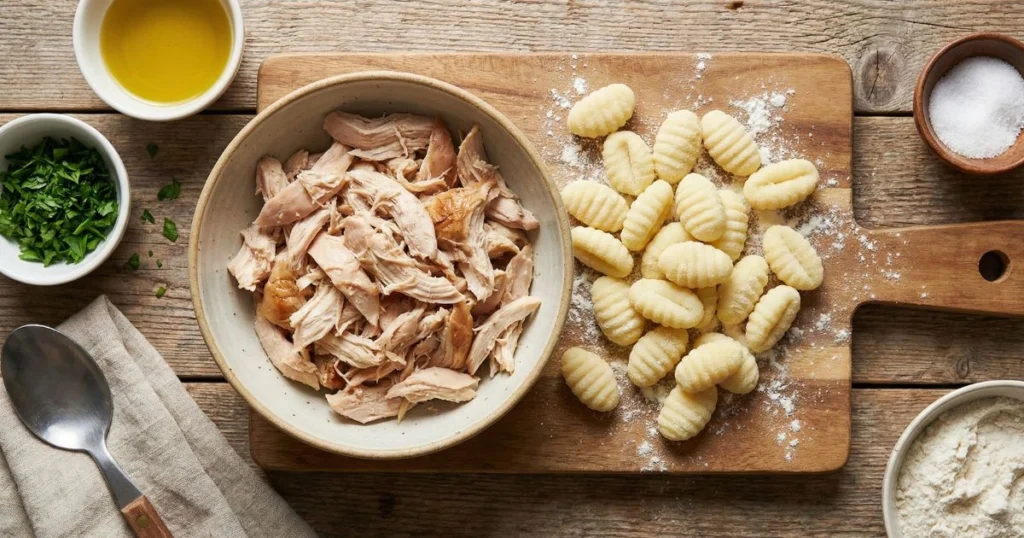2 cups cooked, shredded chicken (rotisserie chicken works for convenience) 1 pound potato gnocchi