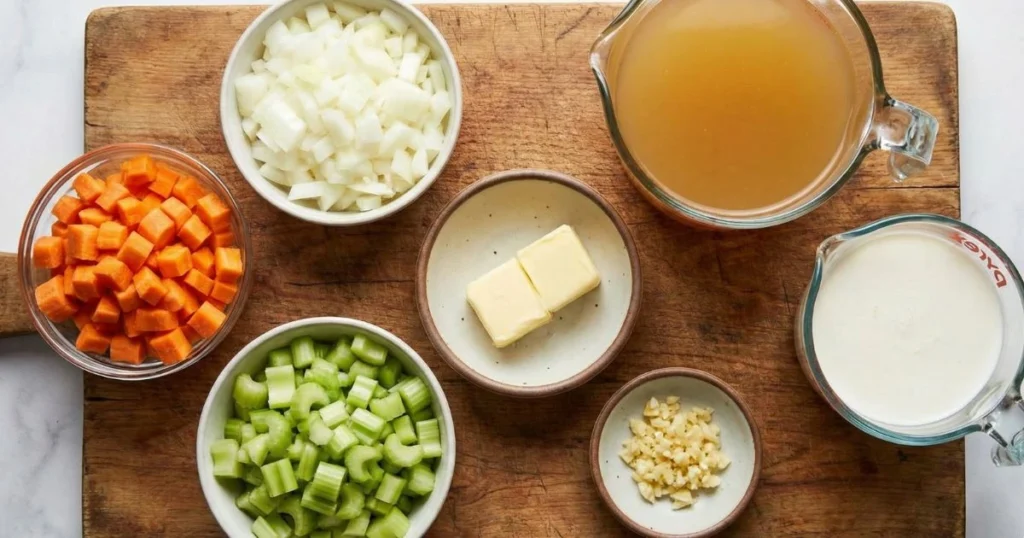 2 tablespoons unsalted butter 1 medium yellow onion, finely chopped 2 medium carrots, diced 2 celery stalks, diced 3 garlic cloves, minced 4 cups chicken broth 2 cups half-and-half or heavy cream