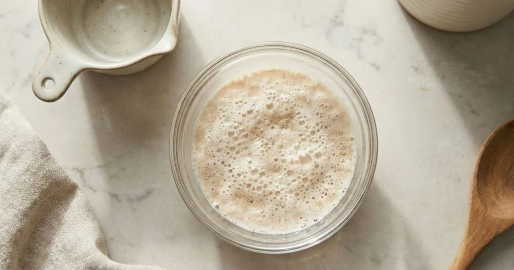 a small clear glass bowl with warm water and active dry yeast blooming into foam, tiny bubbles visible on the surface, ceramic measuring cup nearby.