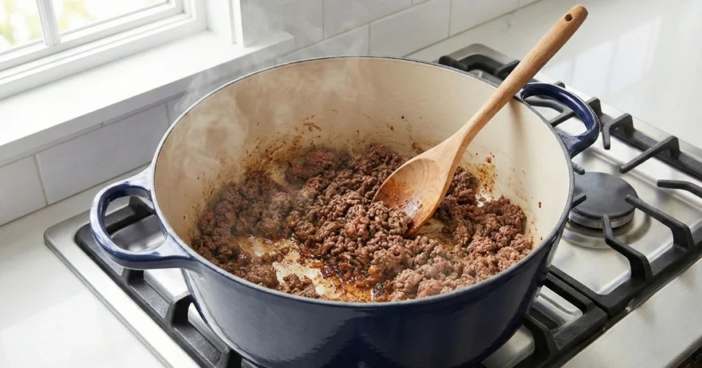 Large navy-blue Dutch oven on a stainless steel stovetop in a bright modern kitchen with white subway tile backsplash. Ground beef browning inside the pot, being broken apart with a wooden spoon. Light steam rising, visible caramelized brown bits on the bottom of the pot.