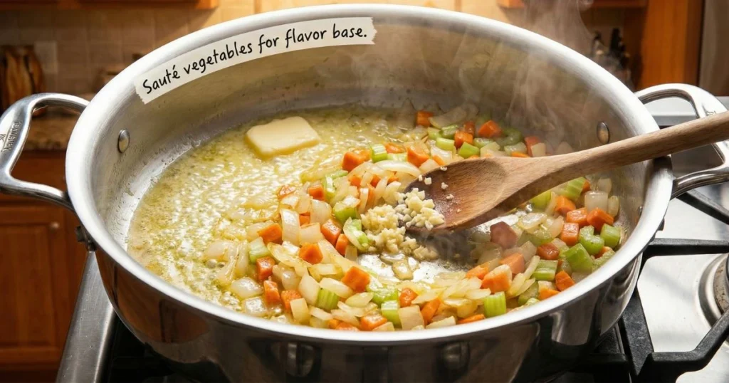 a large pot on a stove with melted butter. Include onions, carrots, and celery being sautéed, visibly softening. Add a small amount of garlic being stirred in.