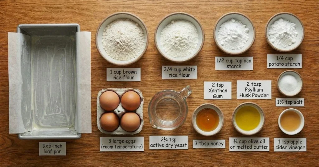 neatly measured gluten-free baking ingredients in small bowls, eggs resting at room temperature beside a bowl of warm water, a greased 9x5-inch loaf pan lined with parchment paper.