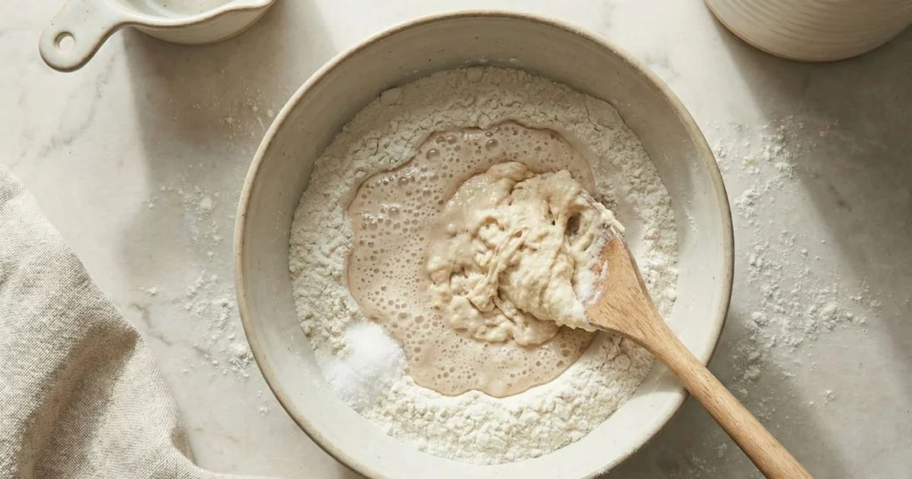 large ceramic mixing bowl with flour and salt, yeast mixture poured into a well in the center, wooden spoon stirring into shaggy sticky dough, light flour scattered on the counter.