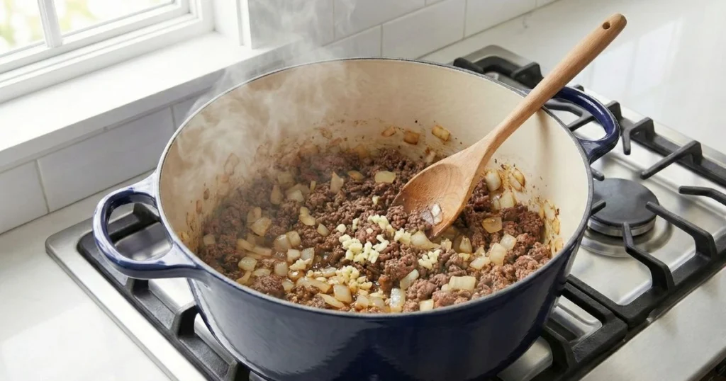 navy-blue Dutch oven on the stove. Cooked ground beef mixed with diced onions turning translucent, minced garlic just added. Wooden spoon stirring gently.