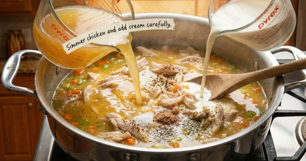 pot with chicken broth being poured in. a measuring cup of half-and-half being added, along with visible seasonings like salt, pepper, nutmeg, and herbs.