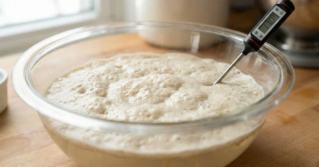 a glass or metal mixing bowl with warm water and honey, yeast sprinkled on top forming a creamy foam, thermometer showing 110°F nearby.