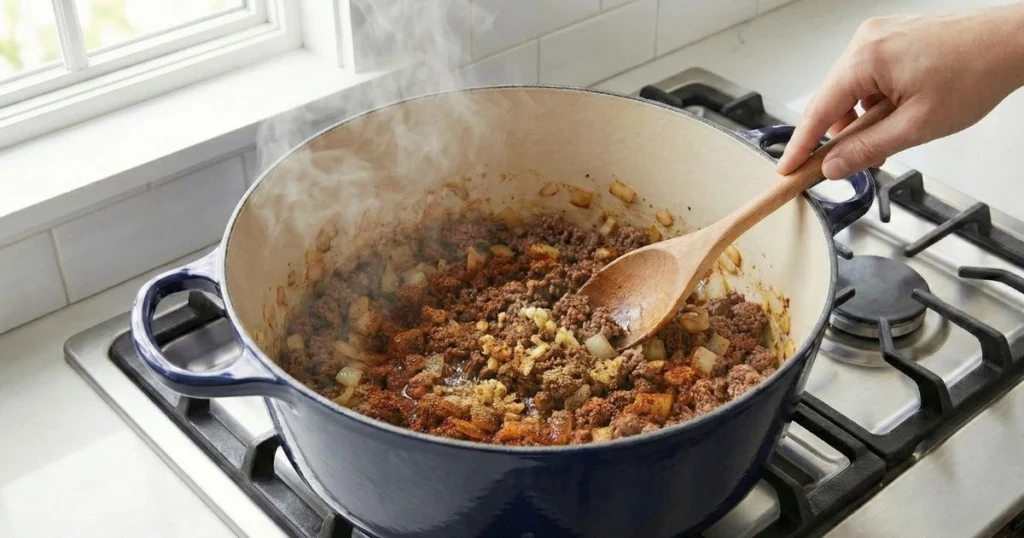Taco seasoning being sprinkled over beef and onions, spices darkening slightly in hot fat. Wooden spoon stirring continuously. Rich warm tones.