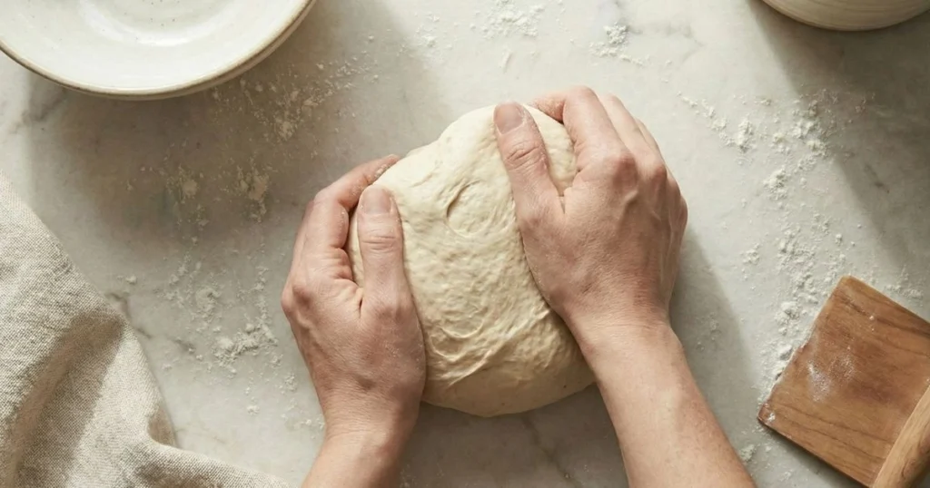hands kneading bread dough on the counter, dough becoming smoother and elastic.