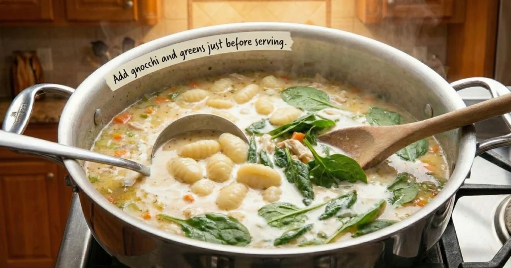 simmering soup with gnocchi floating on top. Aded fresh spinach or kale being stirred in. the creamy texture of the soup and the vibrant green color of the greens.