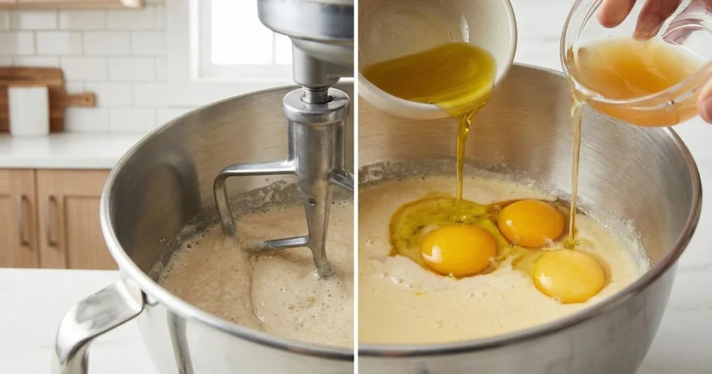 Stand mixer bowl with foamy yeast mixture, eggs being added along with oil and apple cider vinegar, mixer on low speed, smooth liquid texture forming.