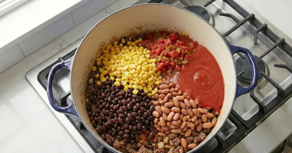 Black beans, pinto beans, corn, diced tomatoes with green chilies, and tomato sauce being added into the pot. Ingredients visibly layered and colorful.