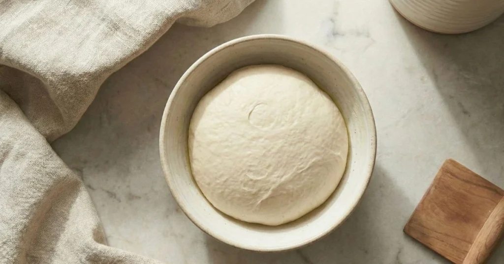 smooth dough resting in a lightly oiled ceramic bowl, bowl covered with a damp linen kitchen towel, dough visibly doubled in size.