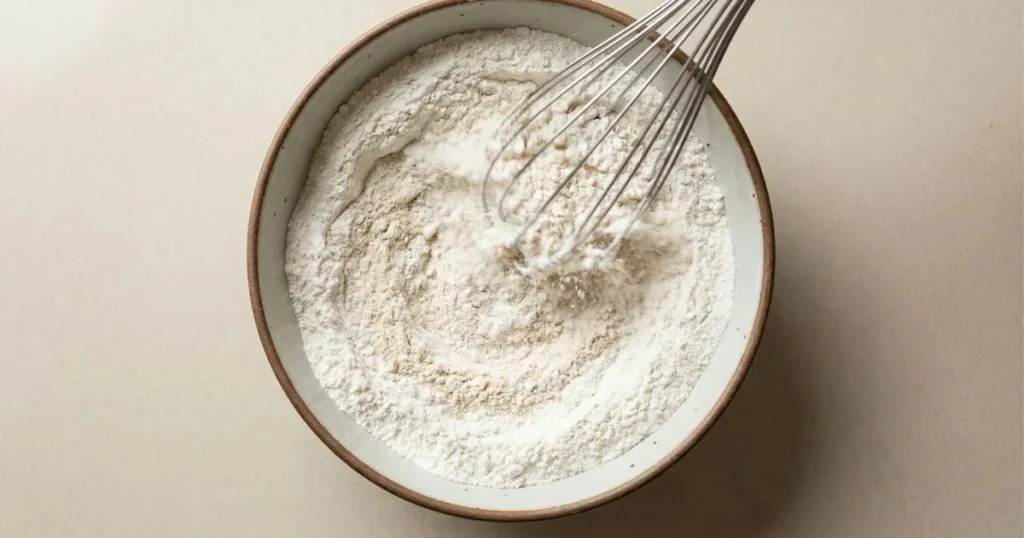 Medium mixing bowl with brown rice flour, white rice flour, tapioca starch, potato starch, salt, and xanthan gum being whisked together.
