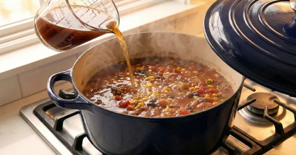 navy-blue Dutch oven on stovetop. Beef broth and water being poured into the pot, soup beginning to bubble. Pot partially covered with lid tilted.