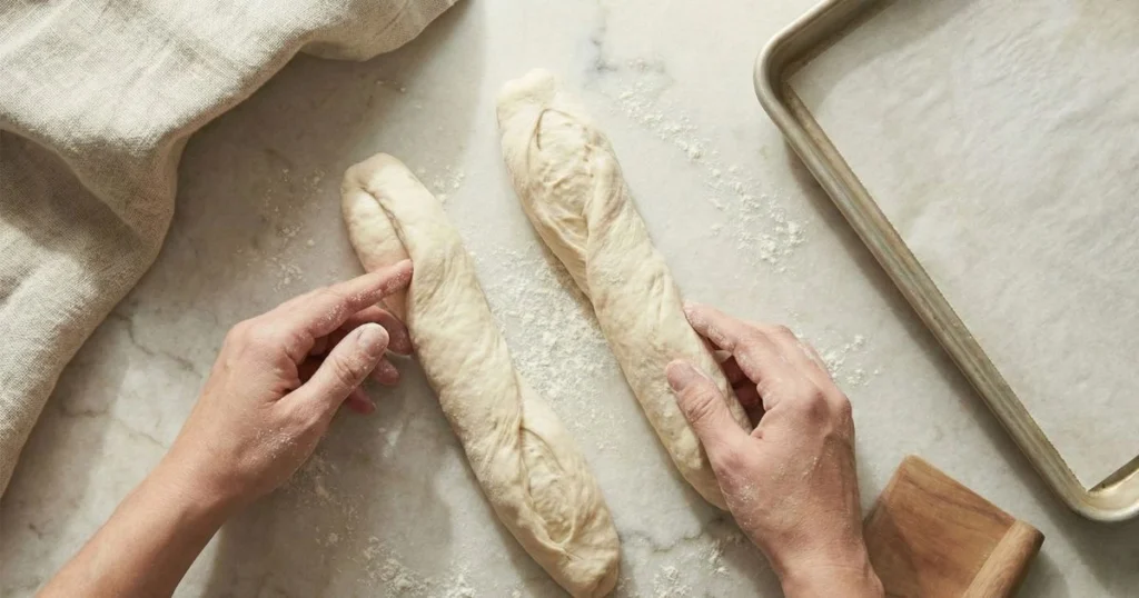 dough being shaped into long French bread loaves by hand, parchment-lined baking sheet nearby, gentle flour dusting.