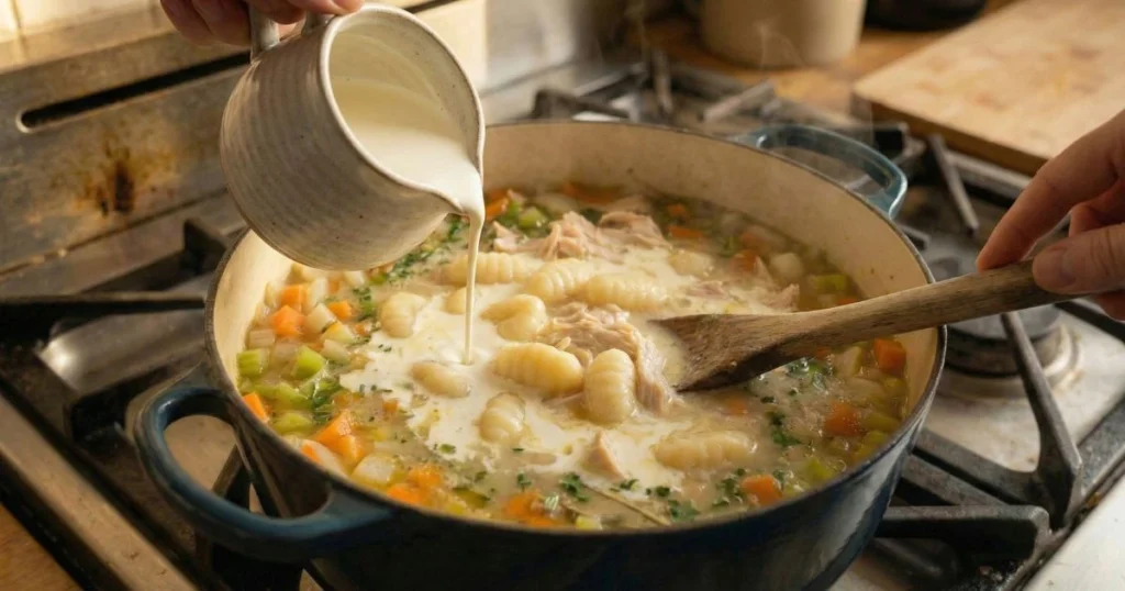 Close-up of heavy cream being slowly poured into the soup while stirring, creamy broth forming, smooth texture.