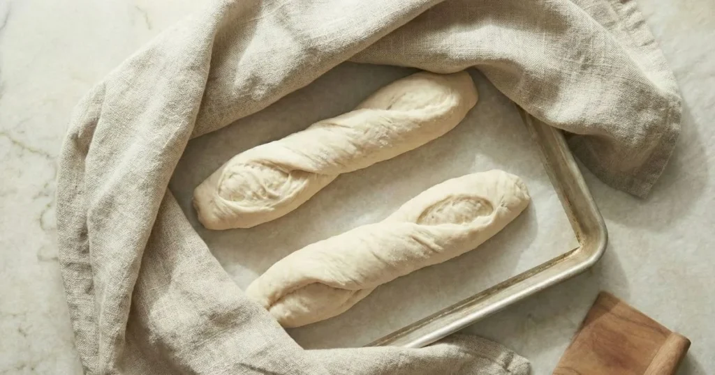 shaped bread loaves resting on parchment paper, loosely covered with a linen towel, loaves slightly puffed.