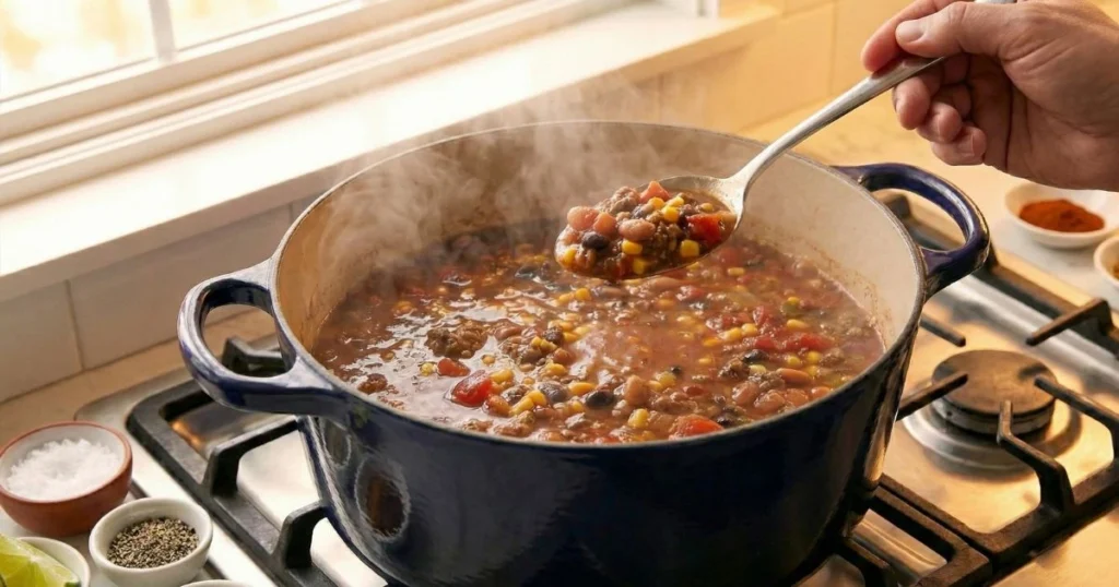 simmering taco soup in Dutch oven. Spoon lifting soup for tasting, small bowls of salt, pepper, lime wedges, and spices nearby on the countertop.