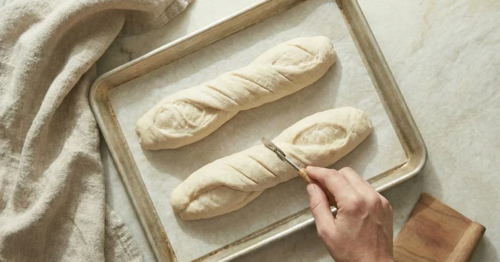close view of bread loaves on parchment paper being scored with a sharp blade, clean diagonal slashes visible, confident hand movement.