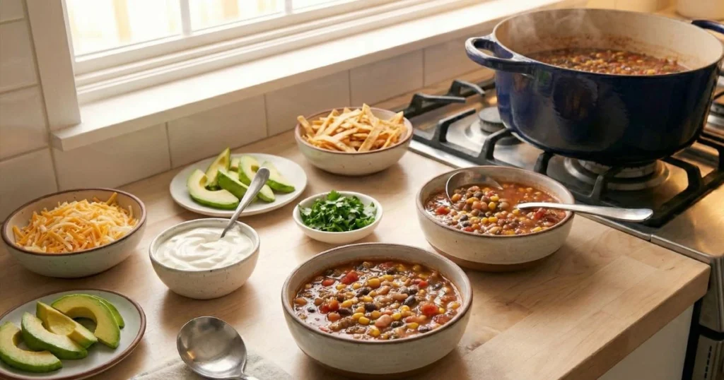 taco soup ladled into ceramic bowls on light wood countertop in a modern kitchen. Toppings arranged buffet-style: shredded cheese, sour cream, chopped cilantro, sliced avocado, tortilla strips.