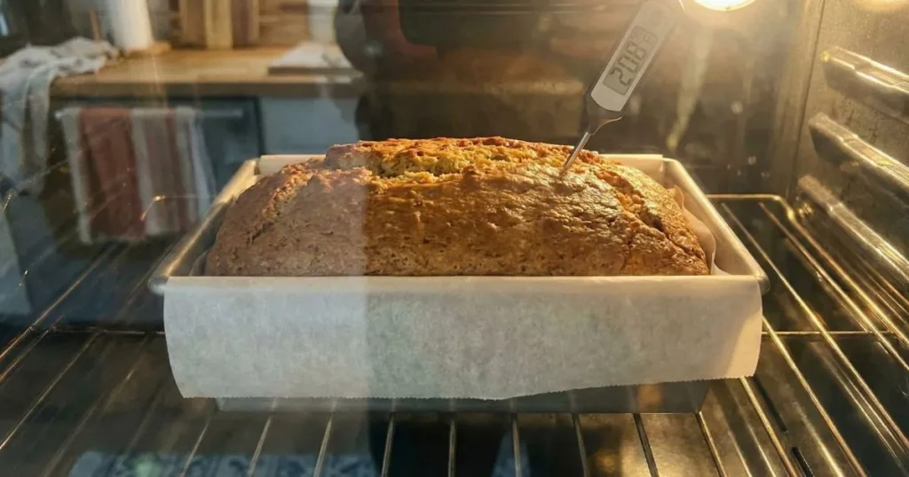Golden-brown gluten-free loaf baking in oven on center rack, loaf pan visible, oven light illuminating risen bread, thermometer nearby reading 208°F, professional baking photography.