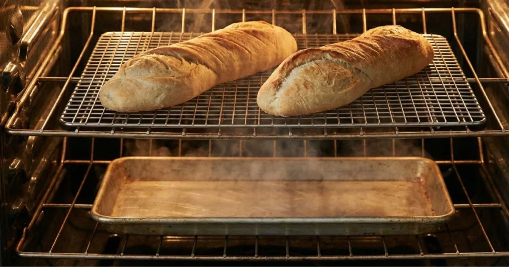bread loaves baking on a rack, steam visible, crust beginning to turn golden, warm glowing light, shallow metal pan below for steam.